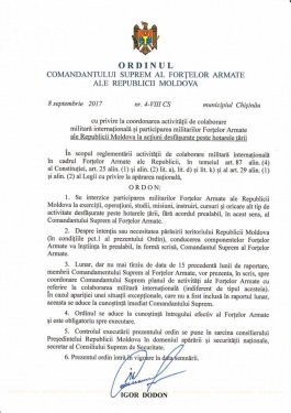 The Commander-in-Chief of the armed forces of the Republic of Moldova has banned the participation of the Armed Forces of the country in exercises and any other type of activity deployed abroad without his consent