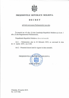 Președintele Republicii Moldova a semnat Decretul privind convocarea Parlamentului nou-ales