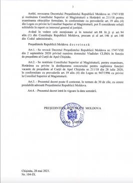 Președintele Maia Sandu a anulat decretul prin care Vladislav Clima a fost numit în funcția de președinte al Curții de Apel Chișinău