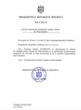 Președintele Maia Sandu o înaintează pe Natalia Gavrilița la funcția de Prim-ministru al Republicii Moldova