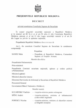 Президент Республики Молдова Майя Санду подписала Указ об утверждении нового состава Высшего совета безопасности