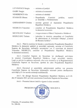 Президент Республики Молдова Майя Санду подписала Указ об утверждении нового состава Высшего совета безопасности