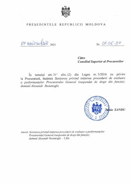 Президент Майя Санду требует инициировать процедуру оценки деятельности отстраненного от должности Генерального прокурора Александра Стояногло