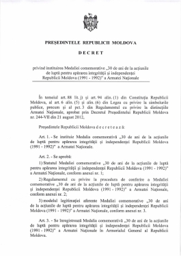 Была учреждена Памятная медаль „30 de ani de la acțiunile de luptă pentru apărarea integrității și independenței Republicii Moldova (1991-1992)”
