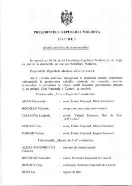 По cлучаю Национального дня культуры Президент Майя Санду удостоила почетных званий 31 артиста, режиссера, актера и композитора
